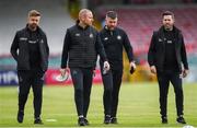 28 July 2019; Shamrock Rovers manager Stephen Bradley, right, with, from left, sporting director Stephen McPhail, coach Glenn Cronin and strength & conditioning coach Darren Dillon prior to the SSE Airtricity League Premier Division match between Cork City and Shamrock Rovers at Turners Cross in Cork. Photo by Ben McShane/Sportsfile
