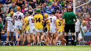 28 July 2019; Players from both sides get involved in a row at the end of the Electric Ireland GAA Hurling All-Ireland Minor Championship Semi-Final match between Wexford and Galway at Croke Park in Dublin. Photo by Brendan Moran/Sportsfile