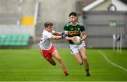 28 July 2019; Seán O'Brien of Kerry in action against Ruairí Campbell of Tyrone during the Electric Ireland GAA Football All-Ireland Minor Championship Quarter-Final match between Kerry and Tyrone at Bord Na Mona O'Connor Park in Tullamore, Offaly. Photo by David Fitzgerald/Sportsfile