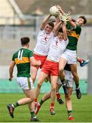 28 July 2019; Shea Daly, left, and Rory Burns of Tyrone in action against Seán O'Brien of Kerry during the Electric Ireland GAA Football All-Ireland Minor Championship Quarter-Final match between Kerry and Tyrone at Bord Na Mona O'Connor Park in Tullamore, Offaly. Photo by David Fitzgerald/Sportsfile