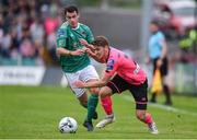 28 July 2019; Dylan Watts of Shamrock Rovers in action against Joel Coustrain of Cork City during the SSE Airtricity League Premier Division match between Cork City and Shamrock Rovers at Turners Cross in Cork. Photo by Ben McShane/Sportsfile