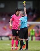 28 July 2019; Graham Cummins of Shamrock Rovers receives a yellow card from referee Sean Grant during the SSE Airtricity League Premier Division match between Cork City and Shamrock Rovers at Turners Cross in Cork. Photo by Ben McShane/Sportsfile