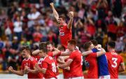 28 July 2019; Peter O'Driscoll of Cork, centre, and team-mates celebrate following the EirGrid GAA Football All-Ireland U20 Championship Semi-Final match between Cork and Tyrone at Bord Na Mona O'Connor Park in Tullamore, Offaly. Photo by David Fitzgerald/Sportsfile