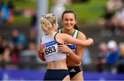 28 July 2019; Ciara Neville of Emerald A.C., Co. Limerick, right, is congratulated by Aoife Lynch of Donore Harriers, Co. Dublin, left, after winning the Women's 100m, during day two of the Irish Life Health National Senior Track & Field Championships at Morton Stadium in Santry, Dublin. Photo by Sam Barnes/Sportsfile