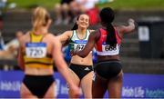 28 July 2019; Ciara Neville of Emerald A.C., Co. Limerick, centre, is congratulated by Patience Jumbo-Gula of Dundalk St. Gerards A.C., Co. Louth, right, after winning the Women's 100m, during day two of the Irish Life Health National Senior Track & Field Championships at Morton Stadium in Santry, Dublin. Photo by Sam Barnes/Sportsfile