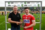 28 July 2019; Mark Cronin of Cork is presented with the EirGrid GAA Football All-Ireland U20 Championship Semi-Final Man of the Match award by Fergal Keenan following the EirGrid GAA Football All-Ireland U20 Championship Semi-Final match between Cork and Tyrone at Bord Na Mona O'Connor Park in Tullamore, Offaly. Photo by David Fitzgerald/Sportsfile