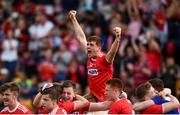 28 July 2019; Peter O'Driscoll of Cork, centre, and team-mates celebrate following the EirGrid GAA Football All-Ireland U20 Championship Semi-Final match between Cork and Tyrone at Bord Na Mona O'Connor Park in Tullamore, Offaly. Photo by David Fitzgerald/Sportsfile