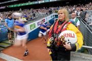 28 July 2019; RNLI volunteer lifeboat crew from stations across Ireland unfurl giant water safety flags on the pitch of Croke Park before the All-Ireland Senior Hurling semi-final match between Wexford and Tipperary at Croke Park in Dublin. The activity was part of the RNLI’s partnership with the GAA to prevent drownings and share water safety advice. Photo by Ramsey Cardy/Sportsfile