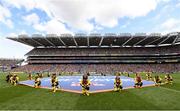 28 July 2019; RNLI volunteer lifeboat crew from stations across Ireland unfurl giant water safety flags on the pitch of Croke Park before the All-Ireland Senior Hurling semi-final match between Wexford and Tipperary at Croke Park in Dublin. The activity was part of the RNLI’s partnership with the GAA to prevent drownings and share water safety advice. Photo by Ramsey Cardy/Sportsfile