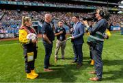 28 July 2019; RNLI volunteer lifeboat crew from stations across Ireland unfurl giant water safety flags on the pitch of Croke Park before the All-Ireland Senior Hurling semi-final match between Wexford and Tipperary at Croke Park in Dublin. The activity was part of the RNLI’s partnership with the GAA to prevent drownings and share water safety advice. Photo by Ramsey Cardy/Sportsfile