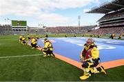 28 July 2019; RNLI volunteer lifeboat crew from stations across Ireland unfurl giant water safety flags on the pitch of Croke Park before the All-Ireland Senior Hurling semi-final match between Wexford and Tipperary at Croke Park in Dublin. The activity was part of the RNLI’s partnership with the GAA to prevent drownings and share water safety advice. Photo by Ramsey Cardy/Sportsfile