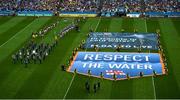 28 July 2019; RNLI volunteer lifeboat crew from stations across Ireland unfurl giant water safety flags on the pitch of Croke Park before the All-Ireland Senior Hurling semi-final match between Wexford and Tipperary at Croke Park in Dublin. The activity was part of the RNLI’s partnership with the GAA to prevent drownings and share water safety advice. Photo by Daire Brennan/Sportsfile