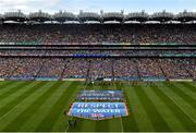 28 July 2019; RNLI volunteer lifeboat crew from stations across Ireland unfurl giant water safety flags on the pitch of Croke Park before the All-Ireland Senior Hurling semi-final match between Wexford and Tipperary at Croke Park in Dublin. The activity was part of the RNLI’s partnership with the GAA to prevent drownings and share water safety advice. Photo by Daire Brennan/Sportsfile