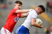 28 July 2019; Darragh Treanor of Monaghan in action against Conor Corbett of Cork during the Electric Ireland GAA Football All-Ireland Minor Championship Quarter-Final match between Monghan and Cork at Bord Na Mona O'Connor Park in Tullamore, Offaly. Photo by David Fitzgerald/Sportsfile