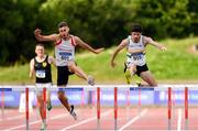 28 July 2019; Paul Byrne of St. Abbans A.C., Co. Laois, right, on his way to winning the Men's 400m Hurdles ahead of Jason Harvey of Crusaders A.C., Co. Dublin,  during day two of the Irish Life Health National Senior Track & Field Championships at Morton Stadium in Santry, Dublin. Photo by Sam Barnes/Sportsfile
