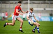 28 July 2019; Karl Gallagher of Monaghan in action against Jack Lawton of Cork during the Electric Ireland GAA Football All-Ireland Minor Championship Quarter-Final match between Monghan and Cork at Bord Na Mona O'Connor Park in Tullamore, Offaly. Photo by David Fitzgerald/Sportsfile
