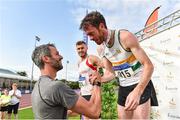 28 July 2019;  Paul Byrne of St. Abbans A.C., Co. Laois, right is presented with his gold medal after winning the Men's 400m Hurdles by Thomas Barr of Ferrybank AC, Co. Waterford,  during day two of the Irish Life Health National Senior Track & Field Championships at Morton Stadium in Santry, Dublin. Photo by Sam Barnes/Sportsfile
