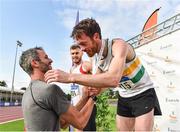 28 July 2019;  Paul Byrne of St. Abbans A.C., Co. Laois, right is presented with his gold medal after winning the Men's 400m Hurdles by Thomas Barr of Ferrybank AC, Co. Waterford,  during day two of the Irish Life Health National Senior Track & Field Championships at Morton Stadium in Santry, Dublin. Photo by Sam Barnes/Sportsfile