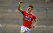 28 July 2019; Conor Corbett of Cork celebrates his side's second goal scored by team-mate Patrick Campbell during the Electric Ireland GAA Football All-Ireland Minor Championship Quarter-Final match between Monghan and Cork at Bord Na Mona O'Connor Park in Tullamore, Offaly. Photo by David Fitzgerald/Sportsfile