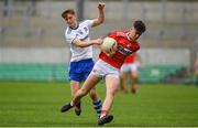 28 July 2019; Jack Lawton of Cork in action against Karl Gallagher of Monaghan during the Electric Ireland GAA Football All-Ireland Minor Championship Quarter-Final match between Monghan and Cork at Bord Na Mona O'Connor Park in Tullamore, Offaly. Photo by David Fitzgerald/Sportsfile