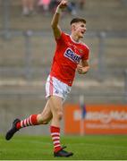 28 July 2019; Conor Corbett of Cork celebrates his side's second goal scored by team-mate Patrick Campbell during the Electric Ireland GAA Football All-Ireland Minor Championship Quarter-Final match between Monghan and Cork at Bord Na Mona O'Connor Park in Tullamore, Offaly. Photo by David Fitzgerald/Sportsfile