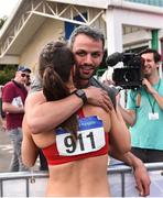 28 July 2019; Thomas Barr of Ferrybank AC, Co. Waterford, congratulates his girlfriend Kelly McGrory of Tír Chonaill A.C., Co. Donegal, during day two of the Irish Life Health National Senior Track & Field Championships at Morton Stadium in Santry, Dublin. Photo by Sam Barnes/Sportsfile