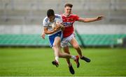 28 July 2019; Jason Irwin of Monaghan in action against Darragh Cashman of Cork during the Electric Ireland GAA Football All-Ireland Minor Championship Quarter-Final match between Monghan and Cork at Bord Na Mona O'Connor Park in Tullamore, Offaly. Photo by David Fitzgerald/Sportsfile