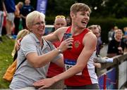 28 July 2019; Cathal Crosbie of Ennis Track A.C., Co. Clare, celebrates with Hayley Harrison following the Men's400m during day two of the Irish Life Health National Senior Track & Field Championships at Morton Stadium in Santry, Dublin. Photo by Sam Barnes/Sportsfile