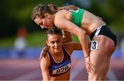 28 July 2019; Sharlene Mawdsley of Newport A.C., Co. Tipperary, centre, is congratulated by Sophie Becker of St. Joseph's A.C., Co. Kilkenny, after winning the Women's 400m during day two of the Irish Life Health National Senior Track & Field Championships at Morton Stadium in Santry, Dublin. Photo by Sam Barnes/Sportsfile