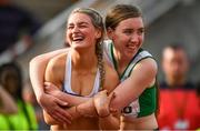 28 July 2019; Nicole Walsh of Galway City Harriers A.C., Co. Galway, left, and Sinead Treacy of Craughwell A.C., Co Galway, after competing in the Women's 400m during day two of the Irish Life Health National Senior Track & Field Championships at Morton Stadium in Santry, Dublin. Photo by Sam Barnes/Sportsfile