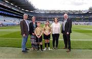 28 July 2019; Uachtarán Chumann Lúthchleas Gael John Horan with referees Molly Tully St Coman’s Wood PS, Roscommon Town and Bryan McGann, Lisaniskey NS, Donamon, ahead of the INTO Cumann na mBunscol GAA Respect Exhibition Go Games at the GAA Hurling All-Ireland Senior Championship Semi Final match between Wexford and Tipperary at Croke Park in Dublin. Photo by Daire Brennan/Sportsfile