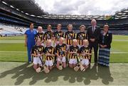 27 July 2019; Uachtarán Chumann Lúthchleas Gael John Horan, with the Kilkenny team, back row, left to right, Alannah Firman, Murrintown NS, Murrintown, Wexford, Sinéad Oltean, Scoil Áine Naofa, Esker, Lucan, Dublin, Saoirse McMahon, St Colmcilles SNS, Knocklyon, Dublin, Meabh Rouse, Gaelscoil an Eiscir Riada, Tullamore, Co Offaly, Róisín Kinsella, Mercy Primary School, Birr, Offaly, front row, left to right, Emer Conroy, The Rock NS, The Rock, Mountmellick, Laois, Amy O’Mara, St Laurence’s NS, Crookstown, Kildare, Pia Langton, Clara NS, Clara, Kilkenny, Aoife Scarry, Ballymacward NS, Ballinasloe, Galway, Kate Sarsfield, Scoil Iosagáin, Buncrana, Donegal, ahead of the INTO Cumann na mBunscol GAA Respect Exhibition Go Games at the GAA Hurling All-Ireland Senior Championship Semi-Final match between Limerick and Kilkenny at Croke Park in Dublin. Photo by Daire Brennan/Sportsfile