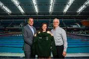 29 July 2019; In attendance are, from left, Bruce Wood, Under Armour Representative, Miriam Malone, CEO Paralympics Ireland and Trevor O'Rourke, Head of Commercial at Paralympics Ireland during the Announcement of Team Ireland for the World Para Swimming Championships in London as Under Armour is named as the official kit supplier to Paralympics Ireland at the National Aquatic Centre in Abbotstown, Dublin. Photo by David Fitzgerald/Sportsfile
