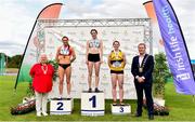 28 July 2019; Women's 400m Hurdles medallists, from left, Kelly McGrory of Tír Chonaill A.C., Co. Donegal, silver, Nessa Millet of St. Abbans A.C., Co. Laois, gold, and Karen Dunne of Bohermeen A.C., Co. Meath, bronze, with Athletics Ireland President Georgina Drumm, far left, and Mayor of Fingal Cllr. Eoghan O'Brien, far right, during day two of the Irish Life Health National Senior Track & Field Championships at Morton Stadium in Santry, Dublin. Photo by Sam Barnes/Sportsfile
