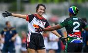 29 July 2019; Dandan Song of Asia Cranes with Suzan Lebohang Maekela of South Africa after their Ladies Football Native Born tournament game during the Renault GAA World Games 2019 Day 1 at WIT Arena, Carriganore, Co. Waterford. Photo by Piaras Ó Mídheach/Sportsfile