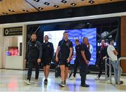 29 July 2019; Dundalk players, from left, Patrick Hoban, Michael Duffy and Patrick McEleney as the squad arrive at Heydar Aliyev International Airport in Baku, Azerbaijan. Photo by Eóin Noonan/Sportsfile