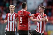 29 July 2019; David Parkhouse, left, of Derry City celebrates after scoring his side's first goal with team-mate Michael McCrudden during the SSE Airtricity League Premier Division match between Derry City and Waterford United at Ryan McBride Brandywell Stadium in Derry. Photo by Oliver McVeigh/Sportsfile