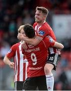 29 July 2019; David Parkhouse, left, of Derry City celebrates after scoring his side's first goal with team-mate Michael McCrudden during the SSE Airtricity League Premier Division match between Derry City and Waterford United at Ryan McBride Brandywell Stadium in Derry. Photo by Oliver McVeigh/Sportsfile