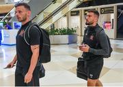 29 July 2019; Andy Boyle, left, and Ross Treacy of Dundalk as the squad arrive at Heydar Aliyev International Airport in Baku, Azerbaijan. Photo by Eóin Noonan/Sportsfile