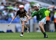 27 July 2019; Ruairí Biggs, St Canice Primary School, Feeny, Derry, representing Kilkenny, in action against Luke Tully, Ballintleva NS, Curraghboy, Athlone, Roscommon, representing Limerick, during the INTO Cumann na mBunscol GAA Respect Exhibition Go Games at the GAA Hurling All-Ireland Senior Championship Semi-Final match between Limerick and Kilkenny at Croke Park in Dublin. Photo by Piaras Ó Mídheach/Sportsfile