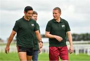 30 July 2019; Kerry footballer Aidan O'Mahony, left, and former Galway hurler Ollie Canning, right, ahead of the Zorbing Derby on Day Two of the Galway Races Summer Festival 2019 in Ballybrit, Galway. Photo by Seb Daly/Sportsfile