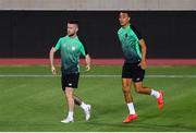 31 July 2019; Jack Byrne, left, and Graham Burke during a Shamrock Rovers Training Session at the GSP Stadium in Nicosia, Cyprus. Photo by Harry Murphy/Sportsfile