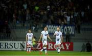31 July 2019; Dundalk players from left, Andy Boyle Jamie McGrath and Chris Shields after their side concede their second goal during the UEFA Champions League Second Qualifying Round 2nd Leg match between Qarabag FK and Dundalk at Dalga Arena in Baku, Azerbaijan. Photo by Eóin Noonan/Sportsfile
