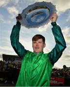 31 July 2019; Jockey Luke Dempsey celebrates with the trophy after riding Borice to victory in the thetote.com Galway Plate Handicap Steeplechase on Day Three of the Galway Races Summer Festival 2019 in Ballybrit, Galway. Photo by Seb Daly/Sportsfile