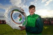 31 July 2019; Jockey Luke Dempsey celebrates with the trophy after riding Borice to victory in the thetote.com Galway Plate Handicap Steeplechase on Day Three of the Galway Races Summer Festival 2019 in Ballybrit, Galway. Photo by Seb Daly/Sportsfile