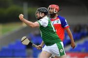 1 August 2019; Stephen Walsh of London celebrates scoring a goal as Robert Messier of MidAtlantic looks on in the Native Born Hurling Cup Semi-Final game during the Renault GAA World Games 2019 Day 4 at WIT Arena, Carriganore, Co. Waterford. Photo by Piaras Ó Mídheach/Sportsfile