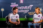 1 August 2019; Footballers, Sarah Rowe of Kilmoremoy and Mayo, and Conor McManus of Clontibret O’Neills and Monaghan, in attendance at the launch of the new dual-player feature of AIB’s online video game, The Toughest Journey. Previously restricted to playing as a single user, ‘Battle Mode’ will allow game players to go head-to-head in real time. For the second year, AIB have brought back their retro style video game, The Toughest Journey, that brings to life the challenges players face throughout their careers from Club to County in the journey to the All-Ireland Final. For exclusive content and to see why AIB is backing Club and County follow us @AIB_GAA on Twitter, Instagram, Snapchat, Facebook and AIB.ie/GAA and to play the game visit www.thetoughestjourneygame.com. Photo by Sam Barnes/Sportsfile