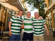 1 August 2019; Shamrock Rovers fans, from left, Les McCormack, from Kill, Co Kildare, Brian Macconville, from Goatstown in Dublin and Chris Hyland, from Balrothery, Fingal, Co Dublin pictured in the Nicosia city centre prior to the UEFA Europa League 2nd Qualifying Round 2nd Leg match between Apollon Limassol and Shamrock Rovers at GSP Stadium in Nicosia, Cyprus. Photo by Harry Murphy/Sportsfile