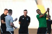 1 August 2019; Shamrock Rovers players, including, from left, Sean Kavanagh, Jack Byrne and Aaron McEneff, inpect the pitch as Graham Burke, right, practices his golf swing prior to the UEFA Europa League 2nd Qualifying Round 2nd Leg match between Apollon Limassol and Shamrock Rovers at the GSP Stadium in Nicosia, Cyprus. Photo by Harry Murphy/Sportsfile