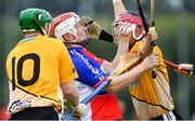 1 August 2019; William Brazil of New York is tackled by Niall McGloughlin, left, and Tom Corcoran of Middle East in the Irish Born Hurling Cup semi-final game during the Renault GAA World Games 2019 Day 4 at WIT Arena, Carriganore, Co. Waterford. Photo by Piaras Ó Mídheach/Sportsfile